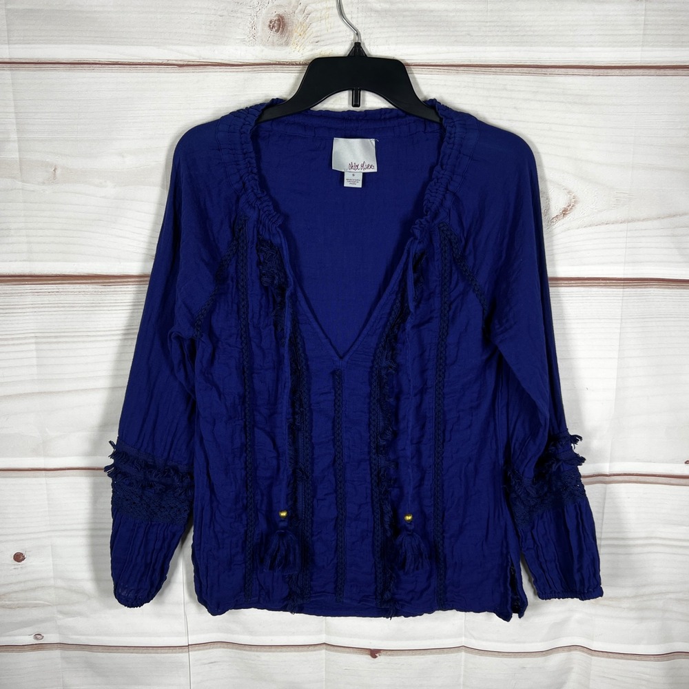 Chloe Oliver Boho Blouse Womens S Blue Tassel Fringe V-Neck Cotton Gauze Top